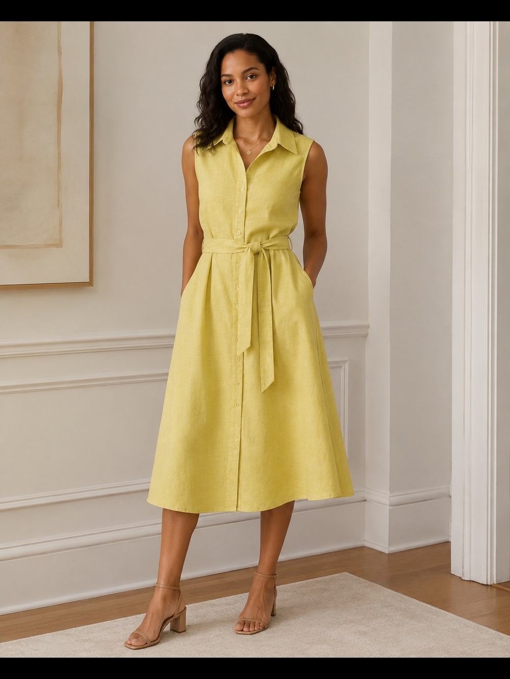 Sharagano Sleeveless Collared Midi Dress in Lemon